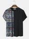 Mens Colorful Geometric Print Patchwork Ethnic Short Sleeve T-Shirts - Black