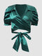 Satin Solid Twisted Tie Back Puff Sleeve Lapel Crop Top - Green