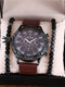 3 Pcs/Set PU Alloy Men Trendy Large Dial Watch Decorated Pointer Quartz Watch Beaded Bracelet Thanksgiving Christmas Gift - Brown