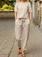 Women Casual Solid Pocket Knotted Two Pieces Suit - Khaki