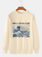 Mens Japanese Wave Ukiyoe Print Crew Neck Pullover Sweatshirts - Apricot