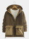 Mens Winter Warm Plain Fleece Long Sleeve Hooded Zipper Jacket - Khaki