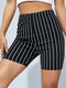 Striped Print Elastic Waist Sports Biker Shorts for Women - Black