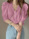 Puff Sleeve Lace Trim V-neck Solid Button Front Blouse - Pink
