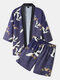 Mens Ethnic Style Crane Print Open Front Kimono Casual Two Pieces Outfits - Purple