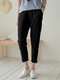 Women Solid Color Elastic Waist Casual Pants With Pocket - Black
