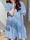 Solid Color O-neck Patchwork Puff Half Sleeve Casual Dress - Blue