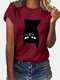 Crew Neck Cartoon Cat Print Short Sleeve Casual T-shirt - Wine Red