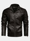 Mens Winter Warm Fashion Fleece Lined Long Sleeve PU Leather Jacket - Coffee