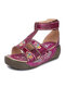 SOCOFY Flowers Print Genuine Leather Ankle Strap Hook Loop Comfy Wearable Platform Sandals - Purple