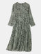 فستان ماكسي بياقة مستديرة وأكمام طويلة وطبعة كلاسيكية للنساء - أخضر