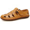 Men Cow Leather Hand Stitching Non Slip Large Size Soft Sole Sandals - Yellow Brown