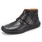 Men Hand Stitching Hook Loop Leather Soft Ankle Boots - Black