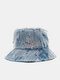 Unisex Denim Letter Pattern Embroidery Damaged Made-old Fashion Bucket Hat - Blue