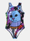 Plus Size Women Cartoon Cat Pattern High Neck Hawaiian Swimwear - Purple