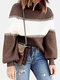 Contrast Color Lantern Sleeve O-neck Sweater For Women - Coffee