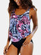 Plus Size Women Printing Cover Belly Multi-Color Tankini Swimwear - Purple