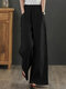 महिला ठोस ड्रॉस्ट्रिंग कमर पॉकेट वाइड लेग पैंट - काली
