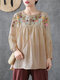 Vintage Flowers Embroidery Long Sleeve Plus Size Blouse - Beige