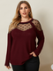 Patchwork O-neck Long Sleeve Plus Size Mesh Blouse for Women - Wine Red
