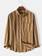 Mens 100% Cotton Vertical Striped Stand Collar Casual Long Sleeve Shirts - Brown