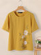 Women Daisy Floral Print Oblique Button Cotton Half Sleeve Blouse - Yellow