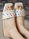 Women Casual Colorful Rivet Square Toe Stripe Flat Slippers - White