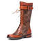 SOCOFY Embossed Rose Pattern Genuine Leather Splicing Metal Buckle Mid Calf Boots - Brown