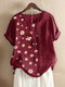 Daisy Print Button O-neck Short Sleeve Plus Size T-shirt - Wine Red