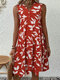 Women Allover Leaf Print V-Neck Tiered Sleeveless Dress - Red