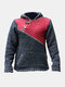 Mens Contrast Color Knitted Button Detail Hooded Sweater With Kangaroo Pocket - Red
