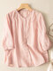 Women Plain Frill Neck Button Front Cotton Puff Sleeve Shirt - Pink