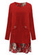 Vintage Patchwork Pocket Floral Printed Elegant Long Sleeve Dress  - Red