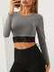 Solid Color Lace Patchwork Long Sleeve O-neck Crop Top - Gray
