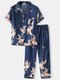 Mens Crane Print Revere Collar Faux Silk Cozy Short Sleeve Pajamas Sets - Blue