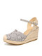 Women Casual Breathable Lace Closed Toe Buckle Comfy Espadrille Wedges - Gray