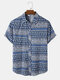 Mens Paisley Print Button Front Ethnic Style Short Sleeve Shirts - Blue