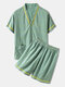 Men Green Patchwork Design Pajamas Sets Two Pieces Short Sleeve With Pockets - Green
