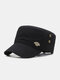 Men Cotton Solid Color Letter Metal Label Adjustable Sunshade Military Hat Flat Cap - Black