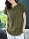 Solid Notch Cuello Camiseta casual de manga corta para Mujer - ejercito verde