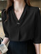 Solid Half Sleeve V-neck Blouse For Women - Black