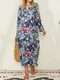 Floral Geometric Pocket Long Sleeve Print Dress For Women - Blue