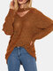 Solid Color Hollow Knitted Long Dolman Sleeve Casual Sweater for Women - Khaki