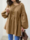 Solid Loose Puff Long Sleeves Crew Neck Blouse For Women - Khaki