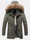 Mens Winter Thicken Woolen Lined Detachable Faux Fur Collar Warm Hooded Overcoat - Green