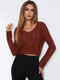 Solid Cable Knit V-neck Long Sleeve Sweater For Women - Brown