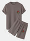 Mens Rose Embroidery Patched Knitted Short Sleeve T-Shirt & Shorts Casual Co-ords - Khaki