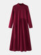 Causal Solid Color Stand Color Long Sleeve Pleated Dress for Women - Wine Red