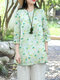 Women Floral Print Side Button Design 3/4 Sleeve Blouse - Green