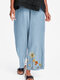 Flower Print Wide Leg Elastic Wiat Casual Pants For Women - Light Blue